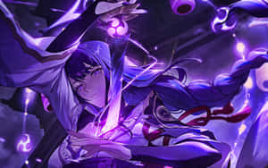 紫發動漫女孩在魔法戰鬥場景中揮舞發光的劍。 — 2880x1800 壁紙