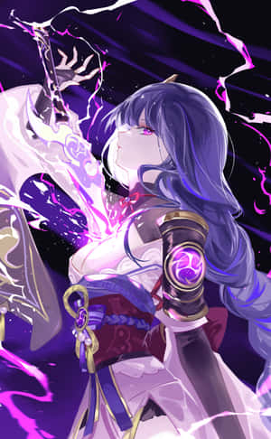 紫發動漫女孩在黑暗宇宙場景中揮舞發光的劍。 — Pixel Tablet 壁紙