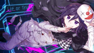 動漫女孩在霓虹數位遊戲場景中拿著小丑面具 — 電玩遊戲 GIF 壁紙