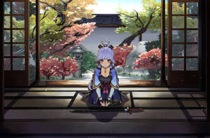 紫發動漫女孩盤腿坐在榻榻米上，窗邊可俯瞰秋日花園。 — 電玩遊戲 GIF 壁紙