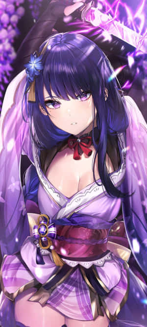 紫發動漫女孩穿著紫色和服，被發光的魔法和櫻花環繞。 — Pixel 10 壁紙
