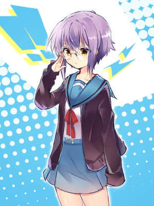 紫髮戴眼鏡的動漫女孩穿著校服愉快地敬禮。 — 日本動漫 壁紙
