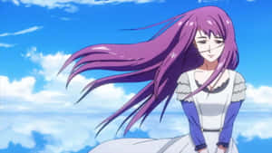 紫髮動漫女孩穿著白色連衣裙，站在有雲的天空中。 — 東京喰種風格 壁紙