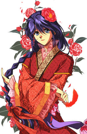紫髮動漫女孩穿著紅色花卉長袍，微笑著與飄落的玫瑰。 — 不思議遊戯 壁紙