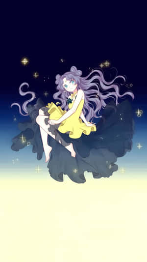 紫髮動漫女孩在星光暮色天空中漂浮，穿著黃色連衣裙。 — 黃昏 壁紙