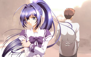紫髮動漫女學生穿著校服看著觀眾，而男孩背對著站立。 — 你的名字 GIF 壁紙