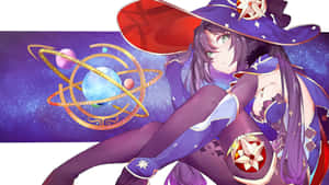 紫髮動漫女巫戴著星星帽子，在太空中發光的宇宙天體儀旁邊。 — 蒙娜麗莎 壁紙