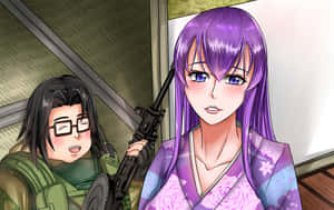 紫發動漫女性穿著和服手持步槍，與微笑士兵在火車車廂內。 — 學園默示錄 壁紙