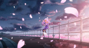動漫少女在暮色中於櫻花飄落的橋上跳躍。 — 美麗的動畫 壁紙