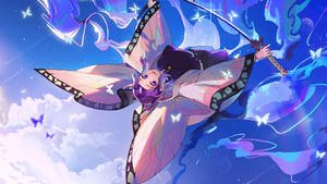 動漫少女長著蝴蝶翅膀，在星空下持劍與發光蝴蝶一同飛翔。 — 美學蝴蝶 壁紙