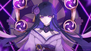 紫髮紫眼的動漫少女穿著傳統服飾，被發光的符號環繞。