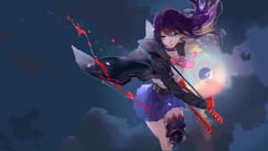 紫發動漫少女手持劍，在黃昏天空下擺出動態動作姿勢。 — 混沌武士 壁紙