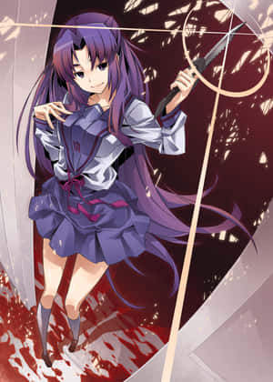 紫發動漫少女穿著校服，在血跡和碎玻璃環繞中持劍。 — 春野櫻 壁紙