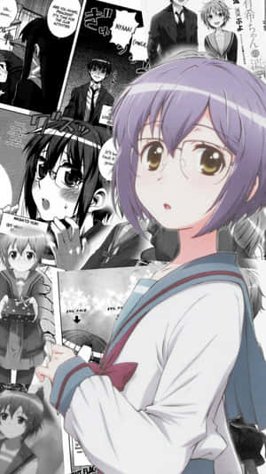 紫髮戴眼鏡的動漫少女穿著校服，被漫畫面板環繞。 — 櫻島麻衣 壁紙