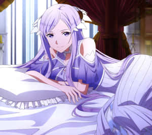 紫髮動漫少女在舒適的房間裡躺在床上。 — 刀劍神域 壁紙