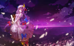 紫髮動漫少女穿著荷葉邊連衣裙，站在暮色天空下，發光的花瓣。 — 紫色動漫美學 壁紙