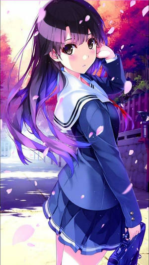 紫發動漫少女穿著藍色水手服，在櫻花下沐浴夕陽。 — 櫻花 壁紙