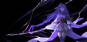 紫發動漫少女在黑暗奇幻場景中手持發光的劍。 — 原神 壁紙