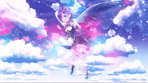 有翅膀的動漫少女在發光的雲朵和粉紅色花瓣中漂浮。 — Re:從零開始的異世界生活 壁紙