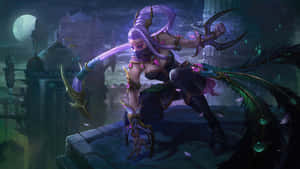紫髮刺客身穿暗色盔甲，在滿月下蹲在屋頂上，手持發光的刀刃。 — Dota 2 4K 壁紙