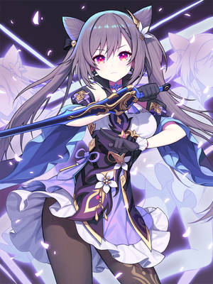 貓耳動漫少女在魔法般的紫色場景中手持發光劍。 — 原神 壁紙