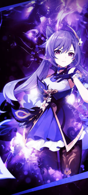 紫髮貓耳動漫少女在紫色魔法能量中揮舞發光的劍。 — Pixel 11 壁紙