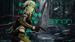 動漫角色 Sinon 在賽博龐克城市中手持手槍。 — 瑟夏·羅南 壁紙