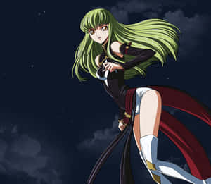 綠髮紅斗篷的動漫女孩在星空下擺姿勢。 — 紫色動漫美學 壁紙