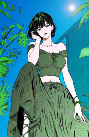 綠髮動漫女孩穿著綠色服裝，在熱帶植物間放鬆，沐浴在明媚的陽光下。 — 鹿丸 壁紙