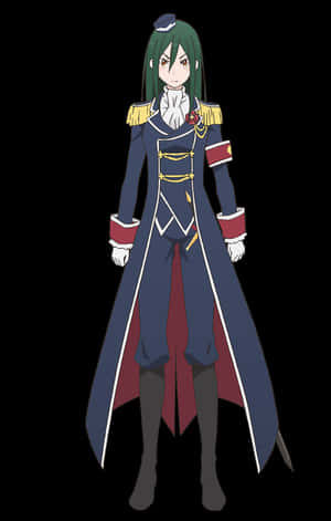 動漫女孩穿著海軍藍軍裝，帶有紅色和金色細節，站在黑色背景前 — Galaxy Tab S9 FE 壁紙