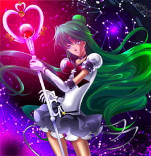 綠髮動漫女孩在太空中拿著發光的粉紅色心形魔杖。 — Galaxy Z Flip7 FE 壁紙