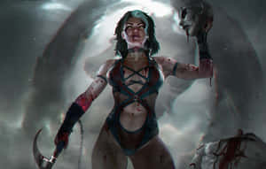 奇幻女戰士在暴風雨場景中提著斬下的頭顱和鐮刀 — 真人快打 蠍子 vs 零度 壁紙