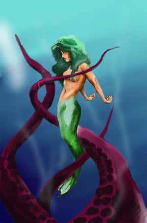 一位綠髮綠尾的美人魚在水下被巨大的紫色觸手包圍。 — 芭比美人魚 壁紙