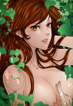 動漫女孩，棕色頭髮和金色眼睛，被綠色常春藤環繞在發光的森林中。 — iPad Pro M4 壁紙