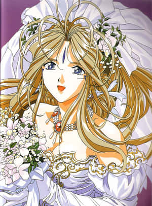 金髮動漫新娘身穿白色婚紗，手持一束白色鮮花。 — 美麗的動畫 壁紙