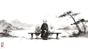 一位老人坐在長椅上，與兩隻毛茸茸的白狗在寧靜的山水墨畫中。 — 簡約 壁紙