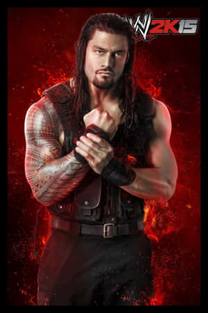 WWE 2K15遊戲藝術中帶有紋身和火焰背景的摔角手。 — WWE GIF 壁紙
