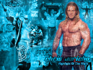 摔角手 Chris Jericho 出現在帶有文字疊加的藍色調動作拼貼畫中。 — 夜晚 壁紙