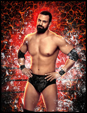 一位留鬍鬚、穿黑色短褲的摔角手在帶有玻璃碎片的火焰裂紋背景前擺姿勢。 — 摔角 壁紙