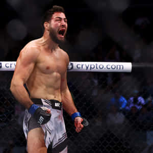 MMA拳手在八角籠中慶祝勝利，短褲上有血跡。 — 運動 壁紙