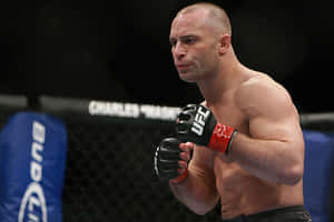 一位赤裸上身的MMA拳手戴著黑色手套站在UFC八角籠內。 — 運動 壁紙