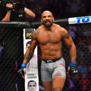 UFC拳手在八角籠內慶祝勝利，背景有觀眾。 — 終極格鬥冠軍賽 壁紙