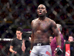 UFC拳手在八角籠中慶祝勝利，背景有群眾。 — 終極格鬥冠軍賽 壁紙