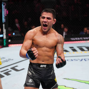 UFC拳手在八角籠內慶祝勝利，臉上帶血，拳頭緊握。 — 喜悅 壁紙