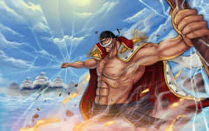 持劍的動漫戰士在船隻航行的海洋上釋放閃電和火焰。 — 瑪莉娜 壁紙
