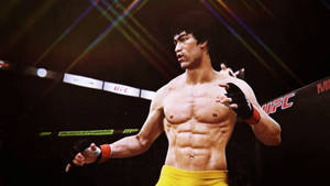 一位穿著黃色短褲的戰士站在舞台燈光下的UFC八角籠中。 — 李小龍 壁紙