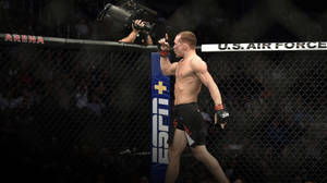 MMA拳手在八角籠內慶祝勝利，帶有ESPN和美國空軍標誌。 — 小熊維尼狡猾 壁紙