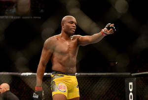 MMA拳手穿著黃色短褲在八角籠內慶祝勝利。 — 慶祝 壁紙