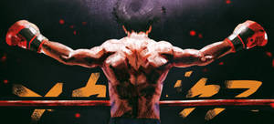 拳擊手在紅燈下舉起雙臂在擂台上慶祝勝利。 — Megalobox 壁紙