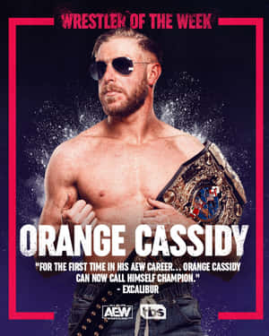 摔角手 Orange Cassidy 在宇宙背景和紅色邊框中手持冠軍腰帶。 — 冠軍 壁紙